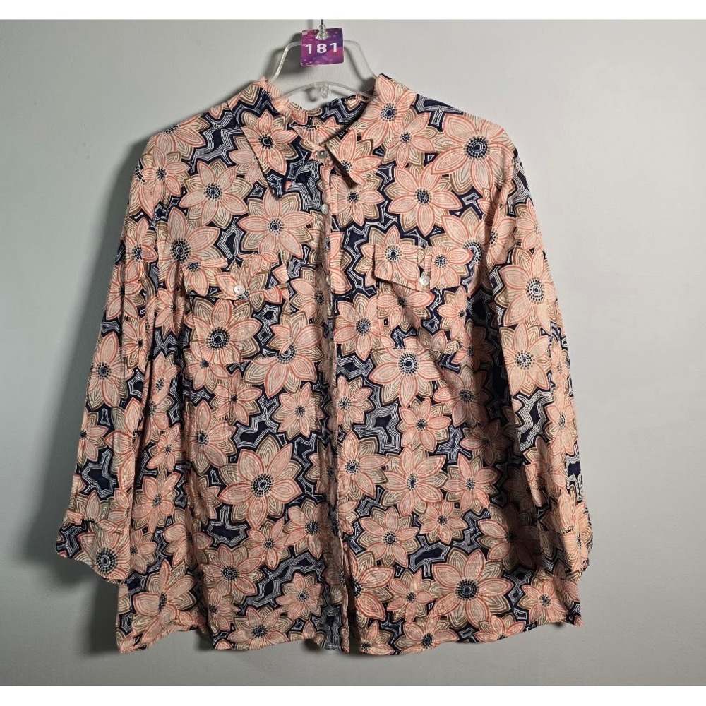 Alfred Dunner Womens Button Up Shirt Floral Geometric Pink Navy Casual Plus 20W
